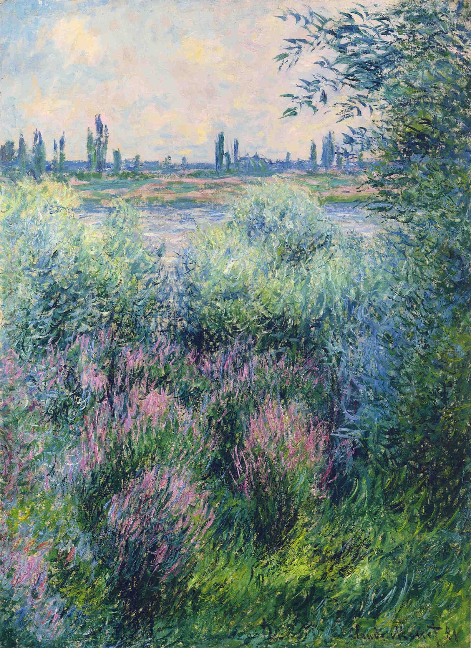 River Landscape with Purple Flowers