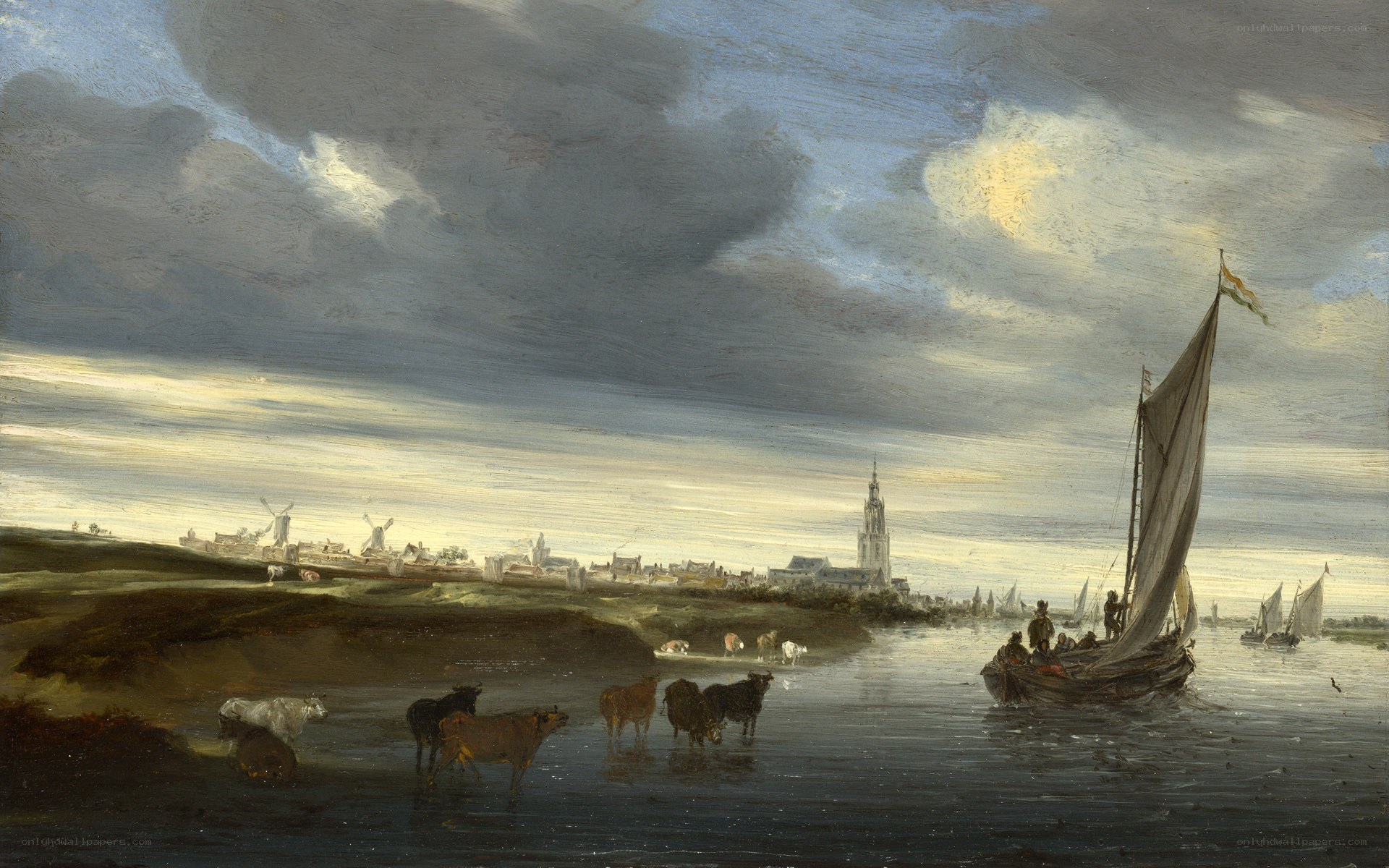 River landscape with town view