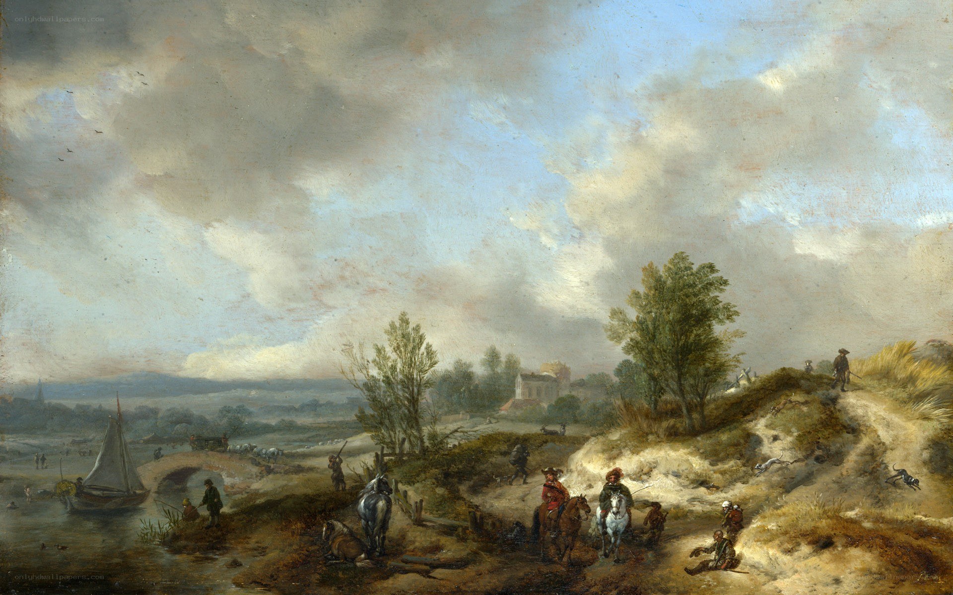 River landscape with travelers