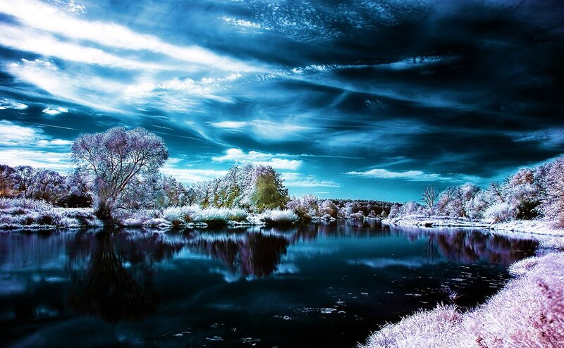 River Landscape with Trees — Blue, Dramatic