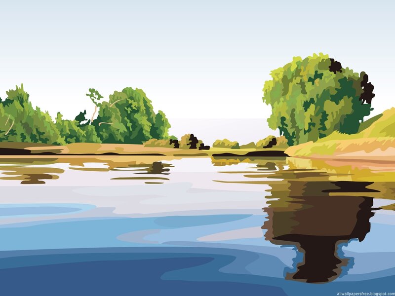 River Landscape with Trees — Blue, Serene, Afternoon, Illustration, Sky