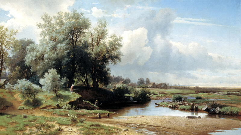 River Landscape with Trees — Blue, Serene, Afternoon, Painting, Houses