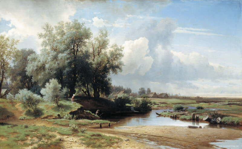 River Landscape with Trees — Blue, Serene, Afternoon, Painting, Sky, Houses