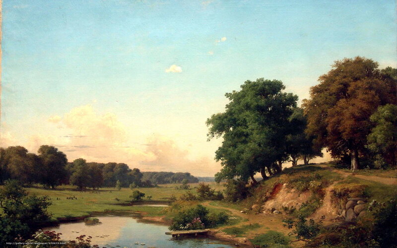 River Landscape with Trees — Blue, Serene, Afternoon, Painting, Sky, Path