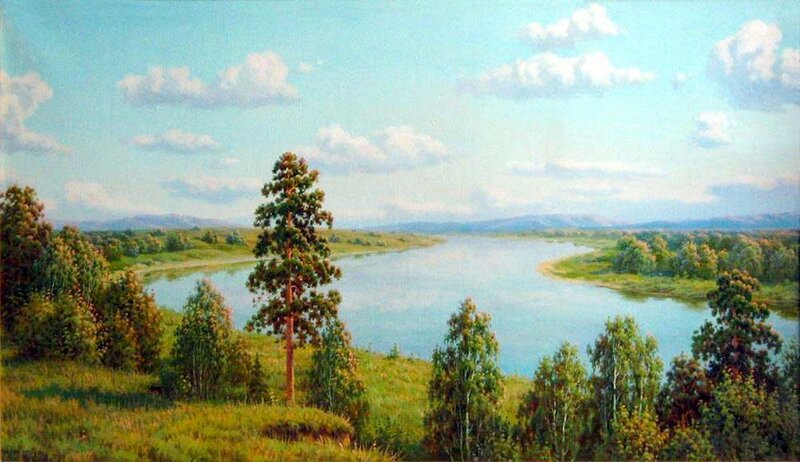 River Landscape with Trees — Blue, Serene, Afternoon