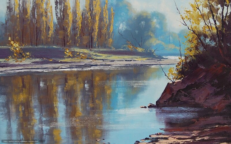 River Landscape with Trees — Blue, Serene, Autumn