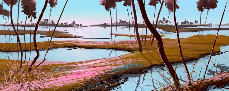 River Landscape with Trees — Blue, Serene, Sunset