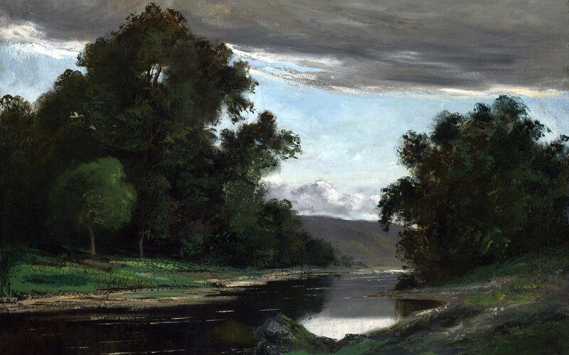 River Landscape with Trees — Green, Dramatic, Painting