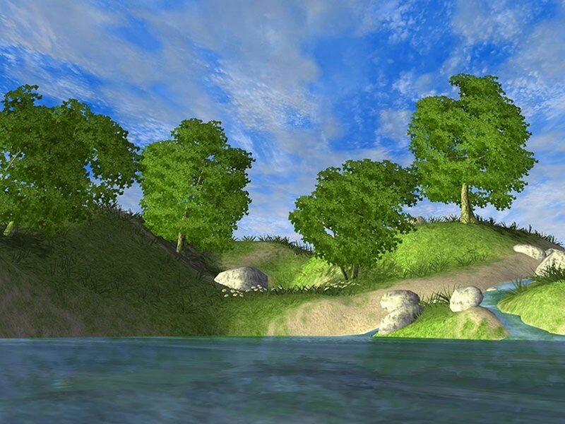 River Landscape with Trees — Green, Serene, Afternoon, 3d Render