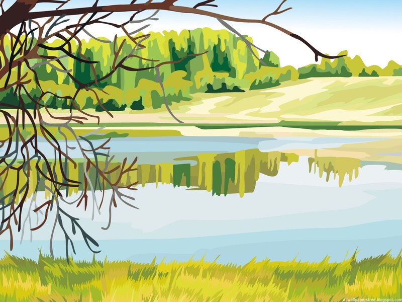 River Landscape with Trees — Green, Serene, Afternoon, Illustration, Grass