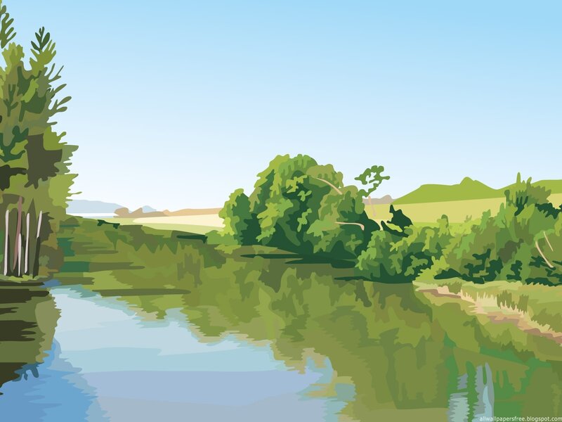 River Landscape with Trees — Green, Serene, Afternoon, Illustration