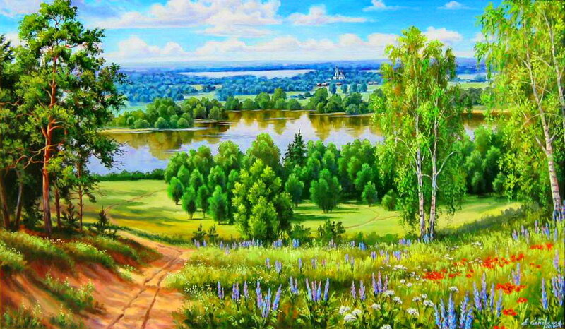 River Landscape with Trees — Green, Serene, Afternoon, Painting, Flowers