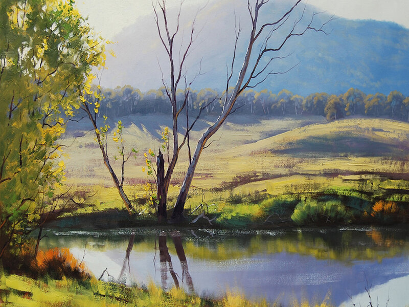 River Landscape with Trees — Green, Serene, Afternoon, Painting, Hills