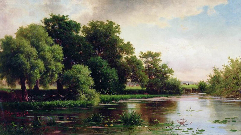 River Landscape with Trees — Green, Serene, Afternoon, Painting, Lily Pads