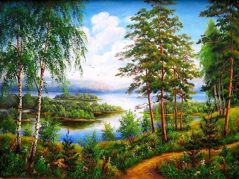 River Landscape with Trees — Green, Serene, Afternoon, Painting, Path, Birds