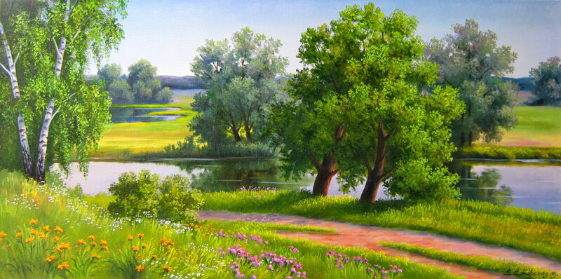 River Landscape with Trees — Green, Serene, Afternoon, Painting, Path