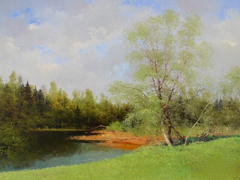 River Landscape with Trees — Green, Serene, Afternoon, Painting, Sky