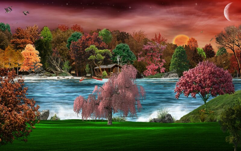 River Landscape with Trees — Green, Serene, Sunset