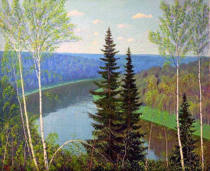 River Landscape with Trees — Green, Serene