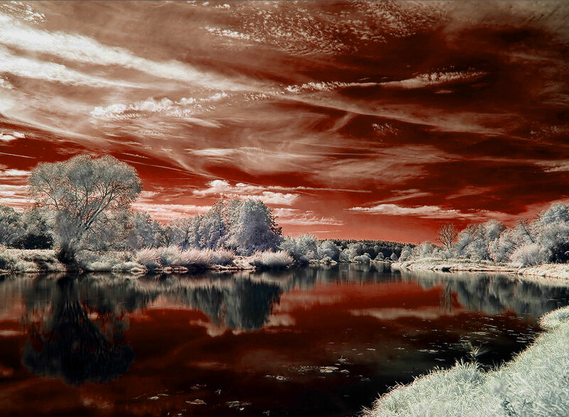 River Landscape with Trees — Red, Dramatic