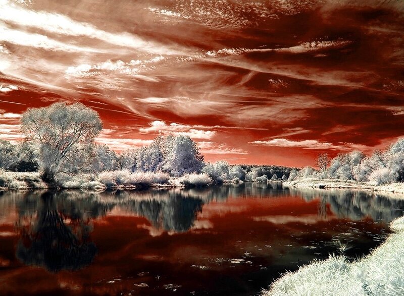 River Landscape with Trees — Red