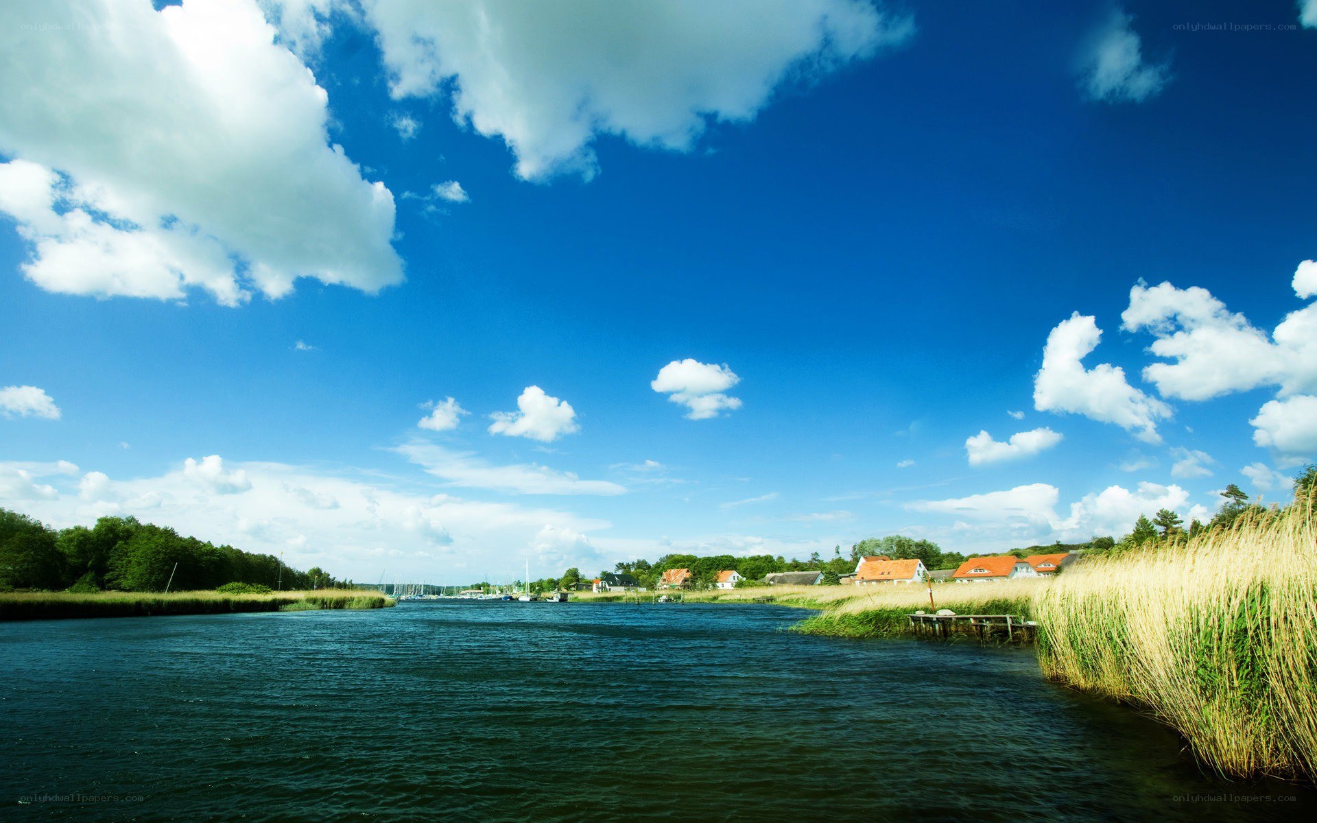 River landscape with village
