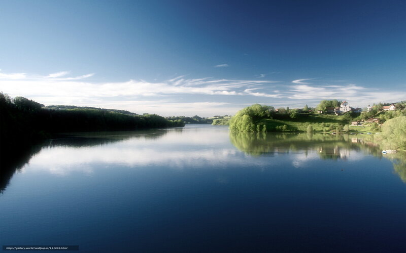 River Landscape with Village — Blue, Serene