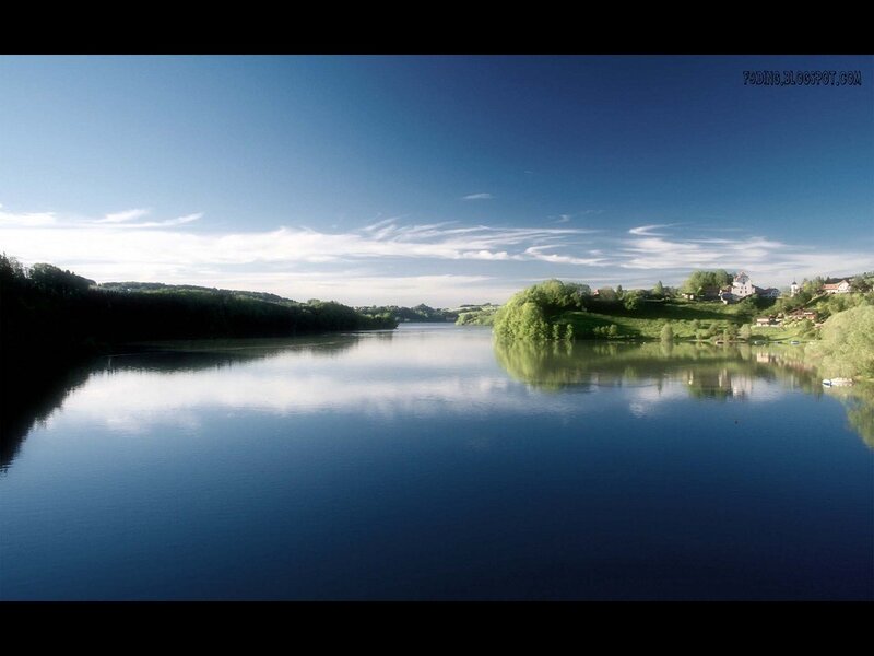 River Landscape with Village — Blue