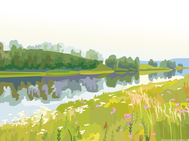 River landscape with wildflowers