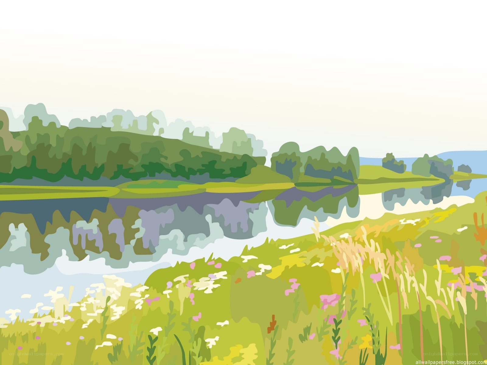 River landscape with wildflowers