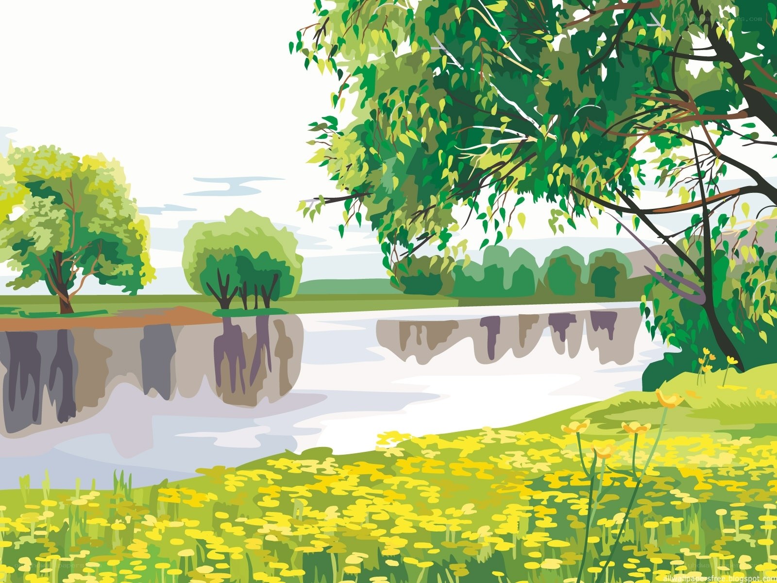 River landscape with yellow flowers