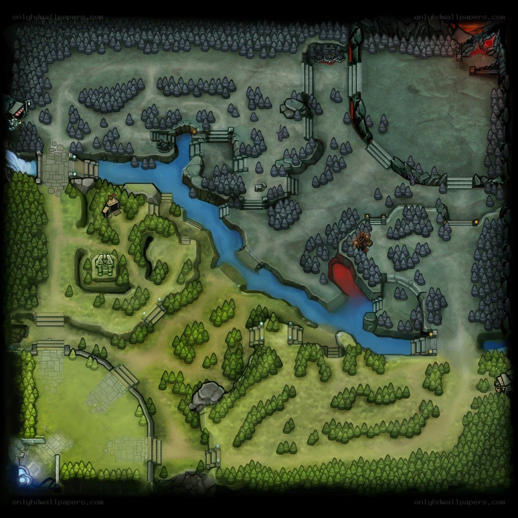river map with forest and structures