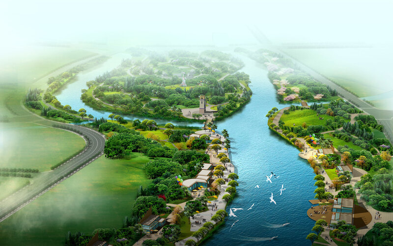 River Park Landscape — Green, Serene, Morning, 3d Render