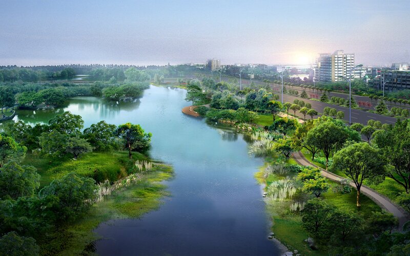 River Park Landscape — Green, Serene, Sunset