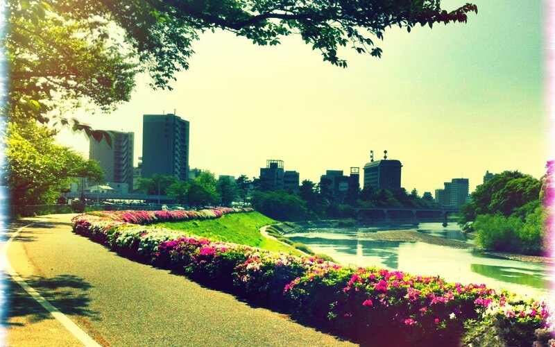 River path with city skyline
