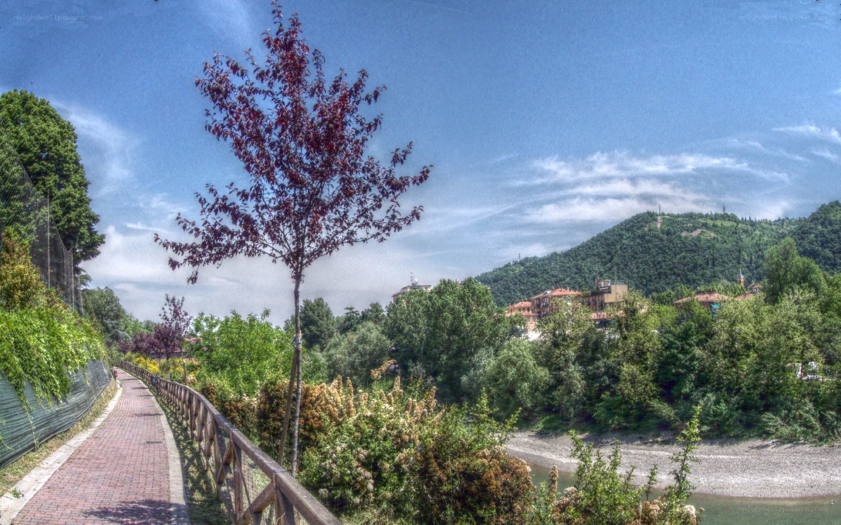 River path with trees and hills