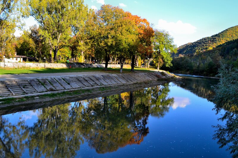 River Reflecting Autumn Trees — Blue, Serene, Photograph, Hill
