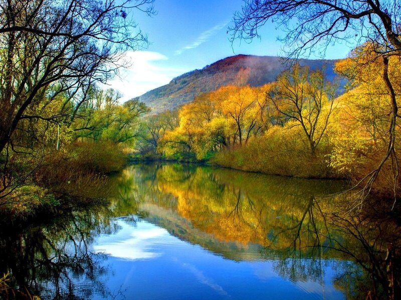 River Reflecting Autumn Trees — Blue, Serene, Photograph, Mountain, Sky