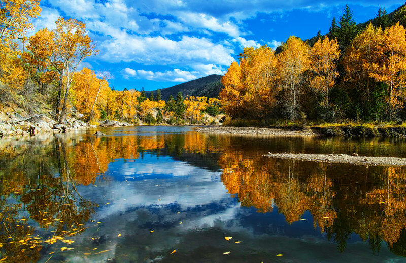 River Reflecting Autumn Trees — Blue, Serene, Photograph, Mountain