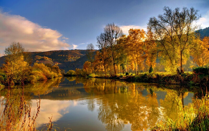 River Reflecting Autumn Trees — Blue, Serene, Photograph, Mountains