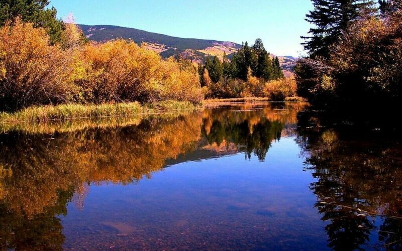 River Reflecting Autumn Trees — Blue, Serene