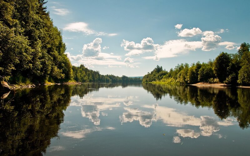 River Reflecting Clouds — Blue, Serene, Afternoon, Photograph, Trees