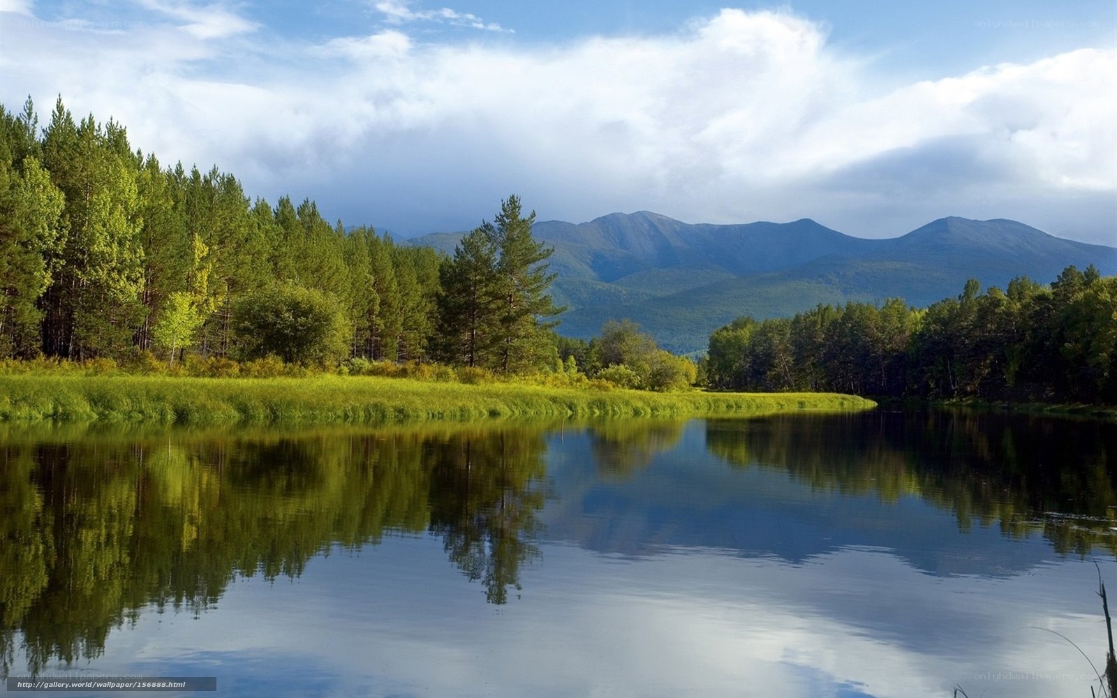 River reflecting forest and mountains