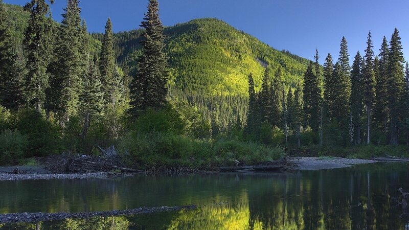 River Reflecting Forested Mountain — Green, Serene, Afternoon, Photograph, Trees, Blue, Brown