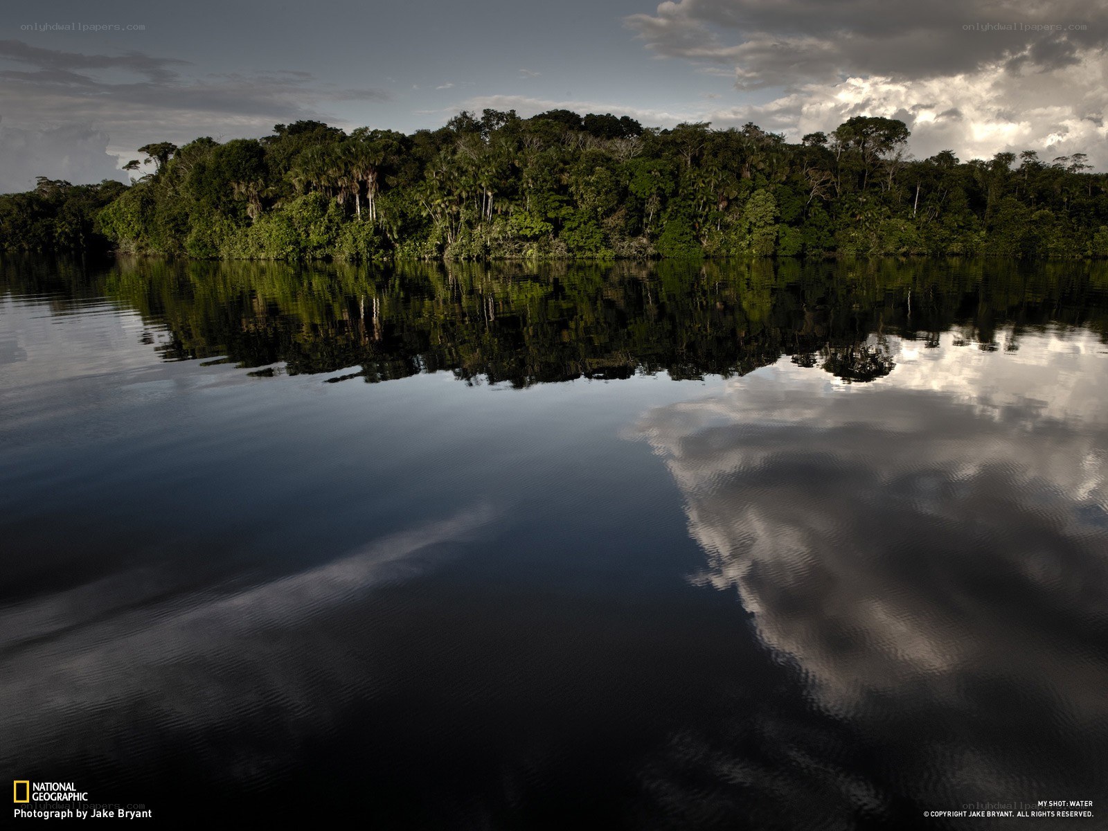 River reflecting jungle and clouds