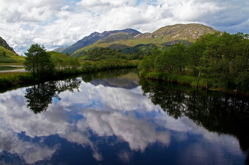 River Reflecting Mountains — Blue, Serene, Afternoon, Photograph, Trees, Clouds