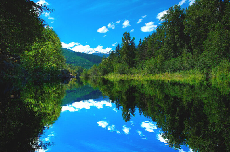 River Reflecting Mountains — Blue, Serene, Afternoon