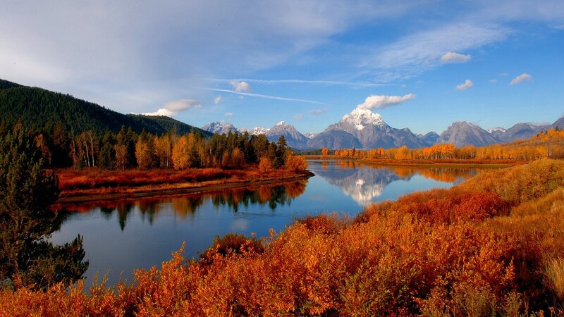 River Reflecting Mountains — Blue, Serene, Autumn, Photograph