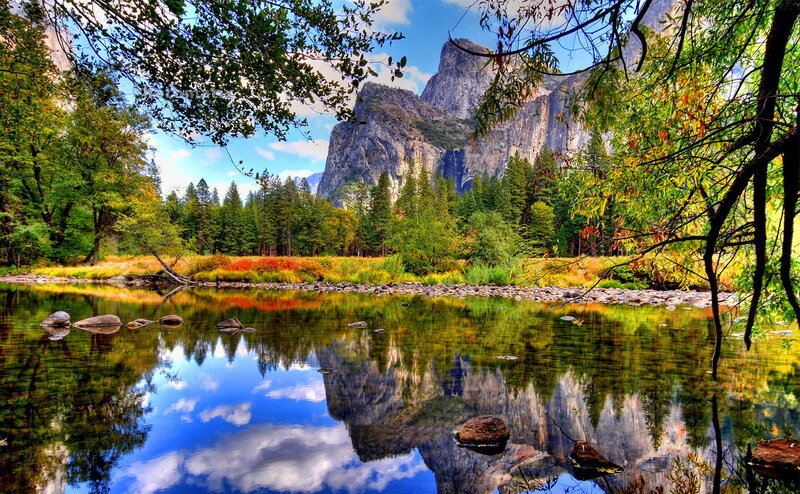 River Reflecting Mountains — Blue, Serene, Autumn, Photograph, Trees