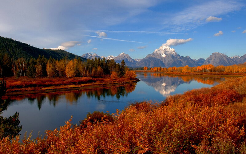 River Reflecting Mountains — Blue, Serene, Autumn